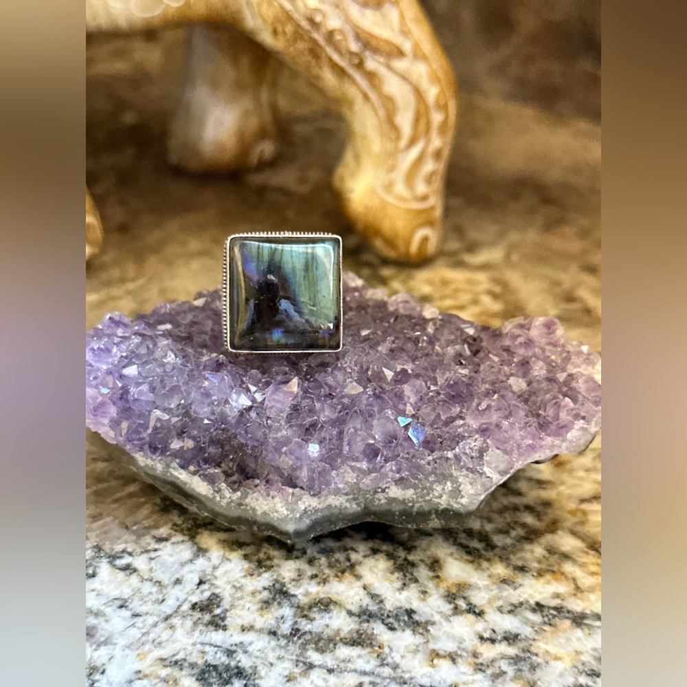 Silver Square Labradorite Stone Ring